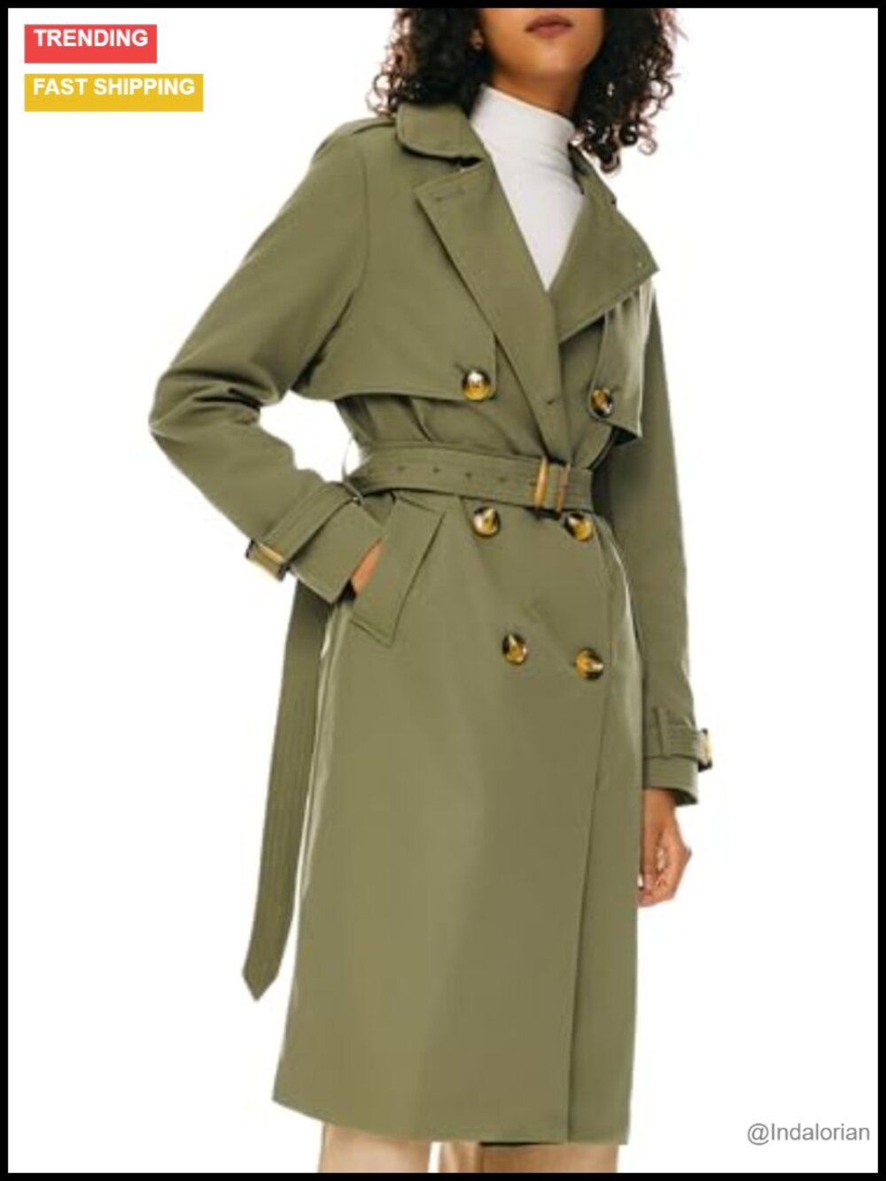Women's 3/4 Length Double Breasted Trench Coat with Belt